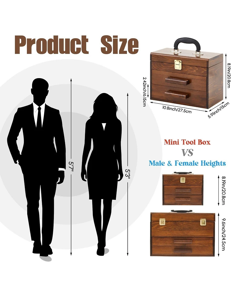 Xdovet Mini Wooden Tool Box 2 Drawers Metal Latch