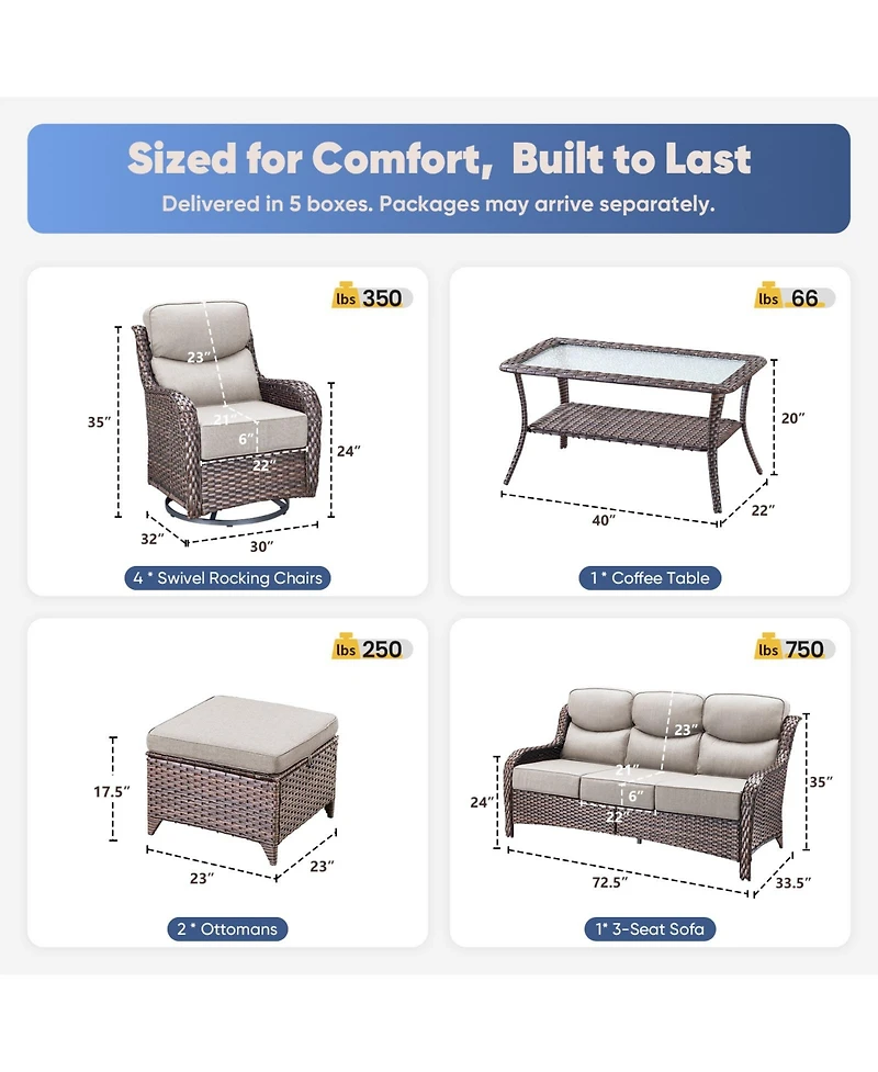 Pocassy 8 Piece Outdoor Wicker Conversation Set with Thick Cushions, High Back Rattan Sofaand Swivel Rocker Chairs, Weather Resistant Olefin Fabric
