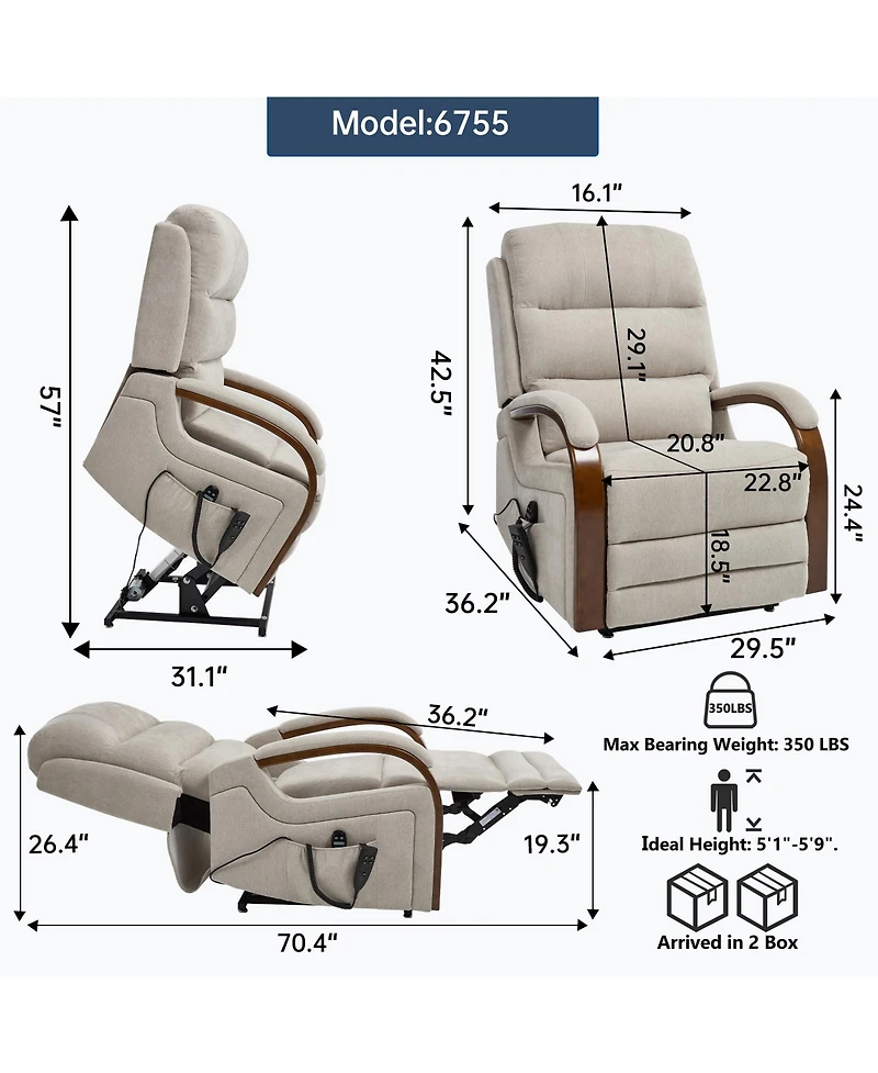 Clihome Power Chenille Lift Recliner Chair Dual Motor Infinite Position Up to 350 Lbs with Solid Wood Armrests