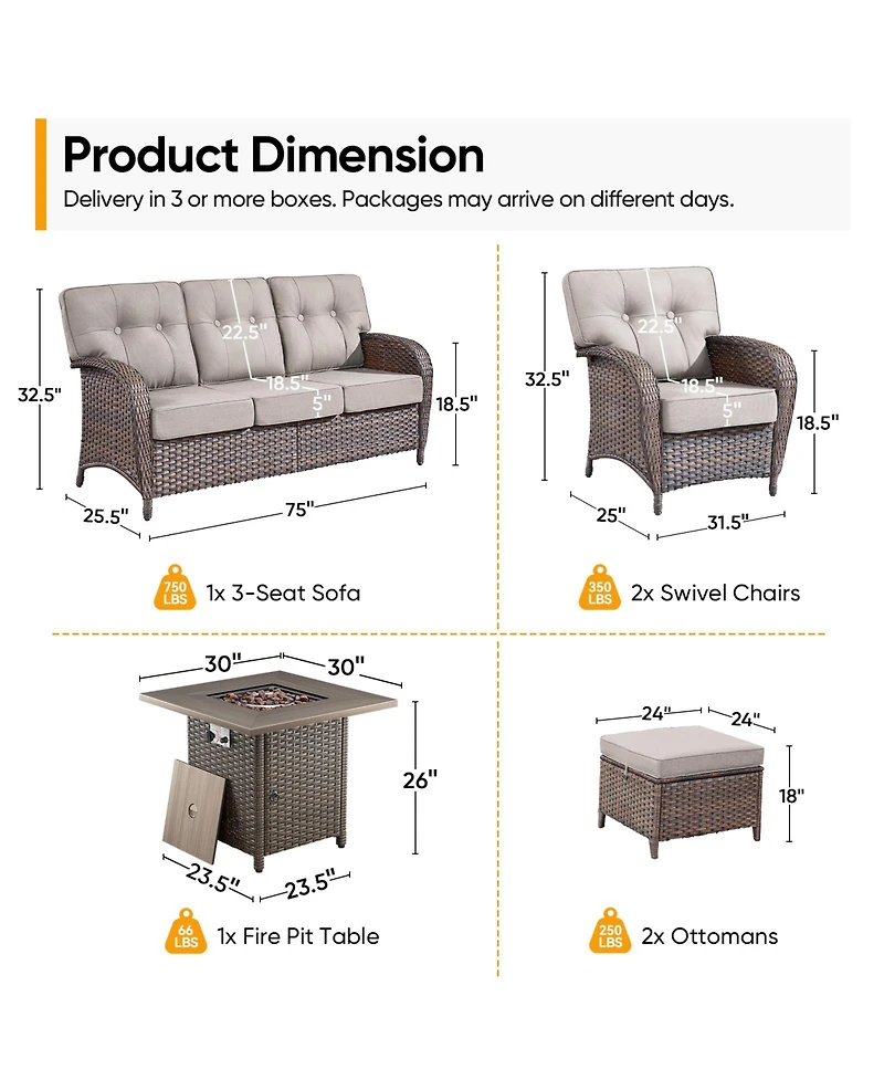 Patio Wicker Furniture Set With Square Fire Pit Table, 6PCS Outdoor Conversation Set, Brown Pe Rattan Chairs Sofa Ottoman
