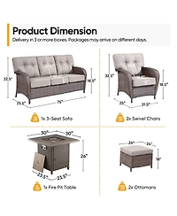 Patio Wicker Furniture Set With Square Fire Pit Table, 6PCS Outdoor Conversation Set, Brown Pe Rattan Chairs Sofa Ottoman