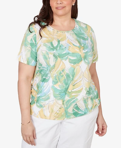 Alfred Dunner Plus Tropical Leaf Beaded Neck Ruched T-Shirt
