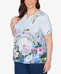 Alfred Dunner Plus Size Artisan Floral Split Neck T-Shirt