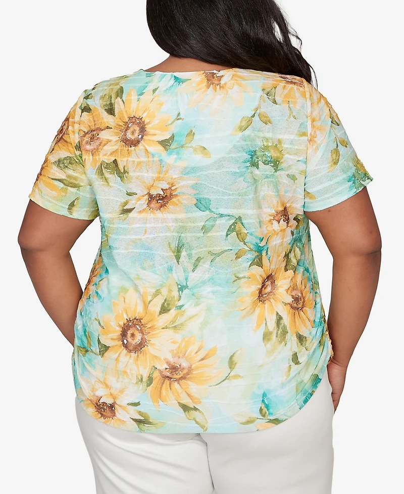 Alfred Dunner Plus Sunflower Split Neck Side Ruched T-Shirt