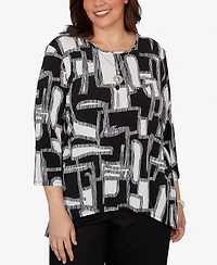 Alfred Dunner Plus Geo Boxes Puff Printed Top with Necklace