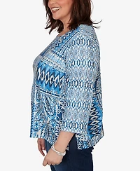 Alfred Dunner Plus Medallion Navy Patchwork Knit Top