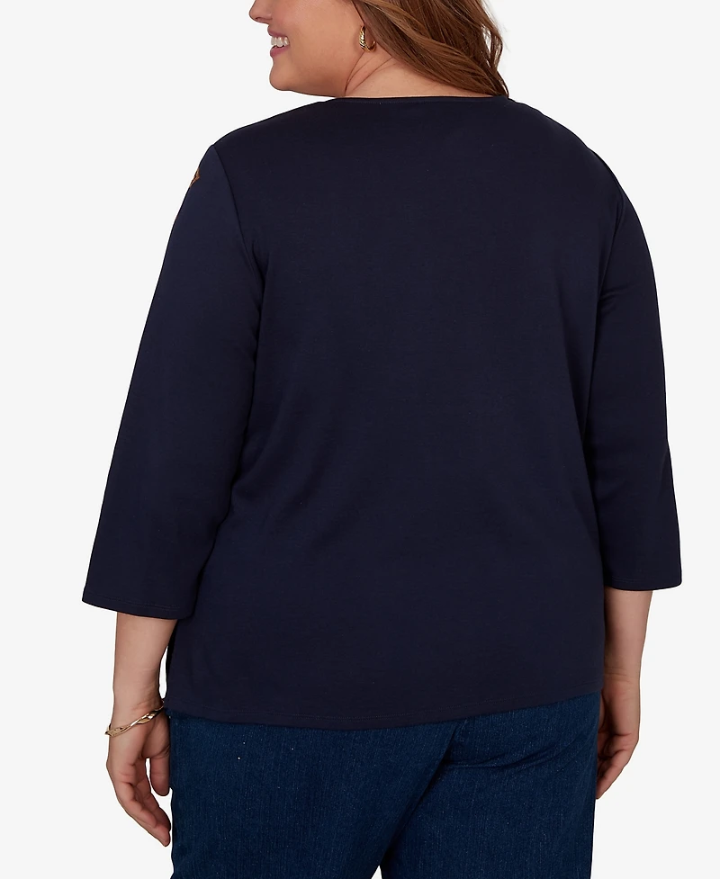 Alfred Dunner Plus Autumn Embroidered Navy Knit Top