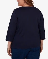 Alfred Dunner Plus Autumn Embroidered Navy Knit Top