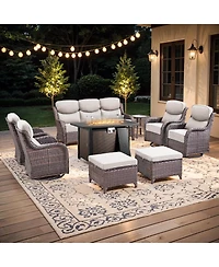 Pocassy 9 Pieces Patio Furniture Set, Outdoor Wicker Sofa Couch with Rocking Swivel Chairs Fire Pit Table, Modern Deep Seat Rattan Conversation Sets