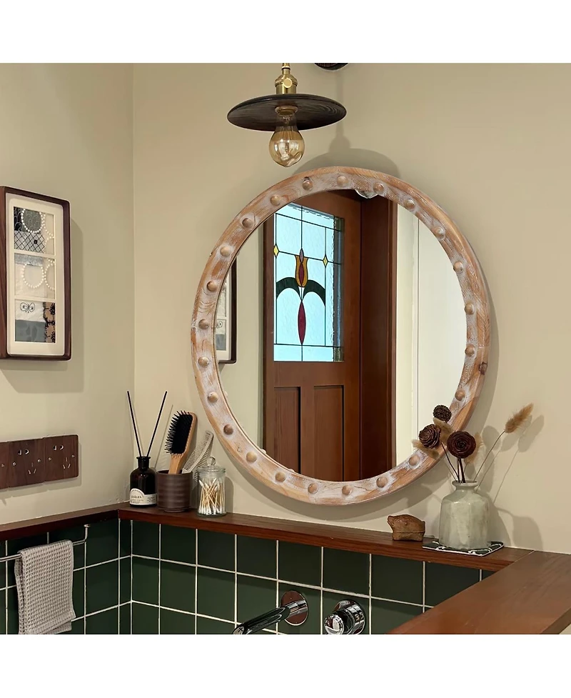 Laoties 23.6" Rustic Round Accent Mirror with Distressed Frame and Rivet Design for Entryway, Living Room Decor