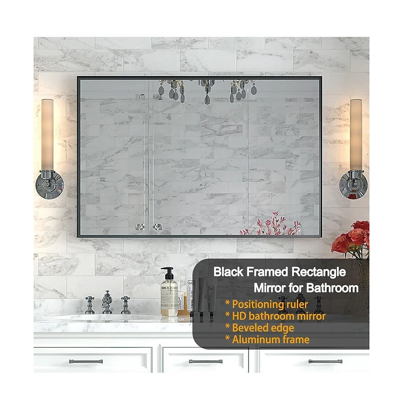 Laoties Modern Floating Glass Wall Mirror, Matte Black Bathroom Vanity Mirror with Aluminum Frame