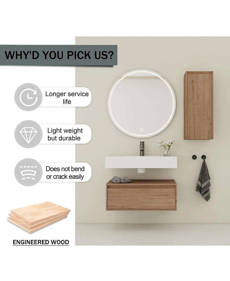 Sillysis 29.5 Inch Wall Mounted Modern Bathroom Vanity with Resin Sink, Soft Close Drawer