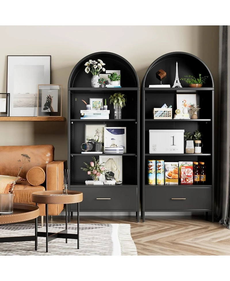 Boyel Living Metal Arched Bookcase Cabinet with Drawer, Tall Bookshelf and Adjustable Shelves for Home Office