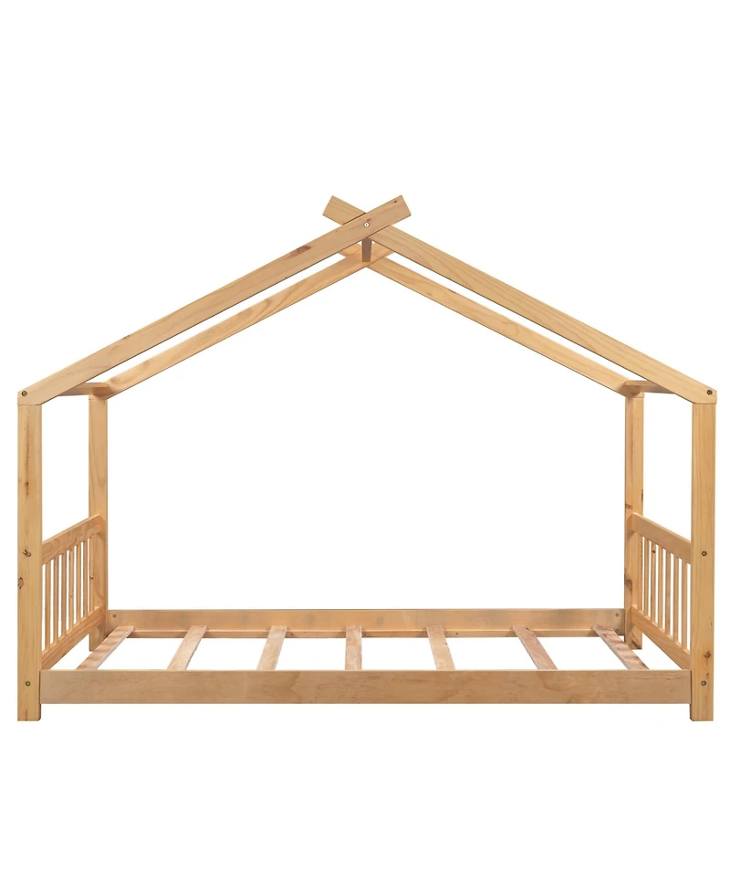 flynama Twin Size Natural Wood House Platform Bed with Headboard Footboard Roof Design and Open Concept