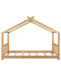 flynama Twin Size Natural Wood House Platform Bed with Headboard Footboard Roof Design and Open Concept