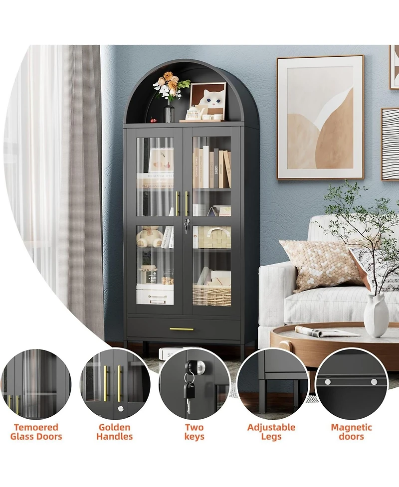 Boyel Living Metal Arched Display Cabinet with Lock, Pantry Storage Hutch with Glass Doors and Drawer