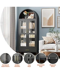 Boyel Living Metal Arched Display Cabinet with Lock, Pantry Storage Hutch with Glass Doors and Drawer