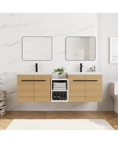 Sillysis 59 Inch Wall Mounted Double Bathroom Vanity with Dual Resin Sinks and Open Storage Shelves for Modern Master Bath