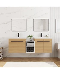 Sillysis 59 Inch Wall Mounted Double Bathroom Vanity with Dual Resin Sinks and Open Storage Shelves for Modern Master Bath