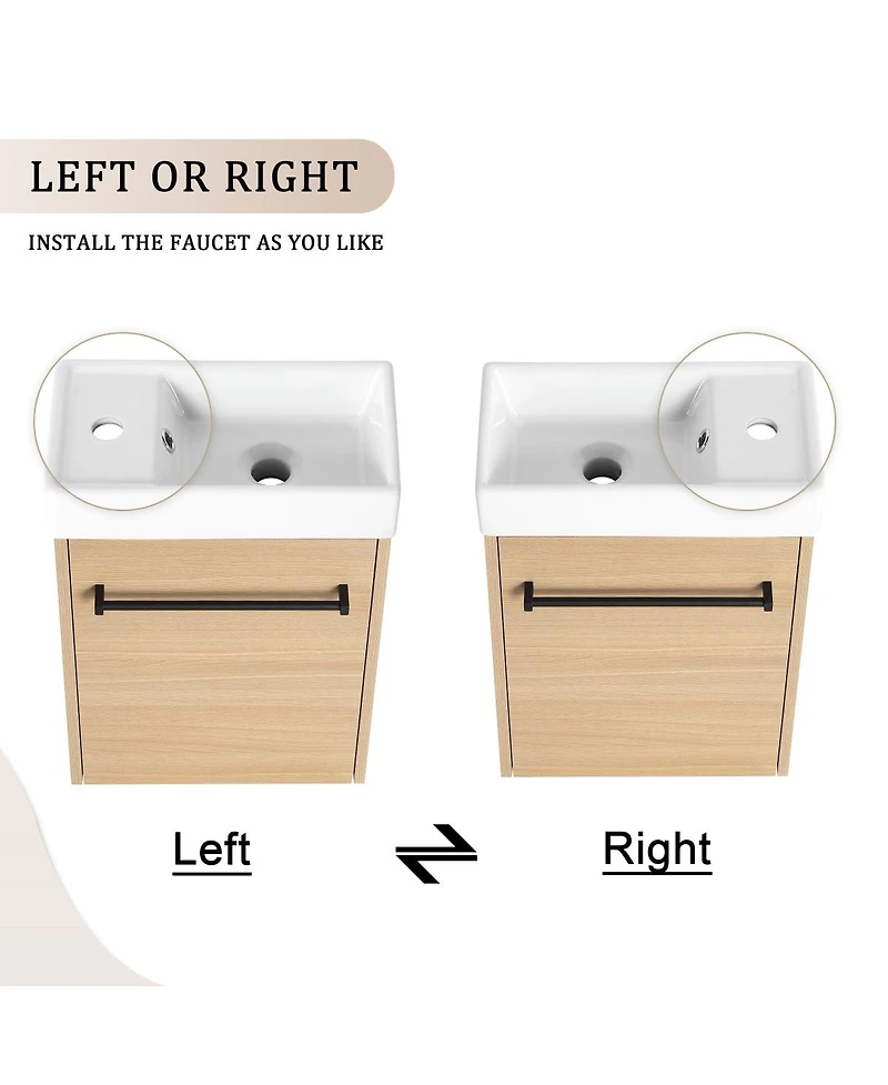 Sillysis 16 Inch Wall Mounted Bathroom Vanity with Ceramic Sink, Soft Close Door, Modern Floating Cabinet for Small Spaces