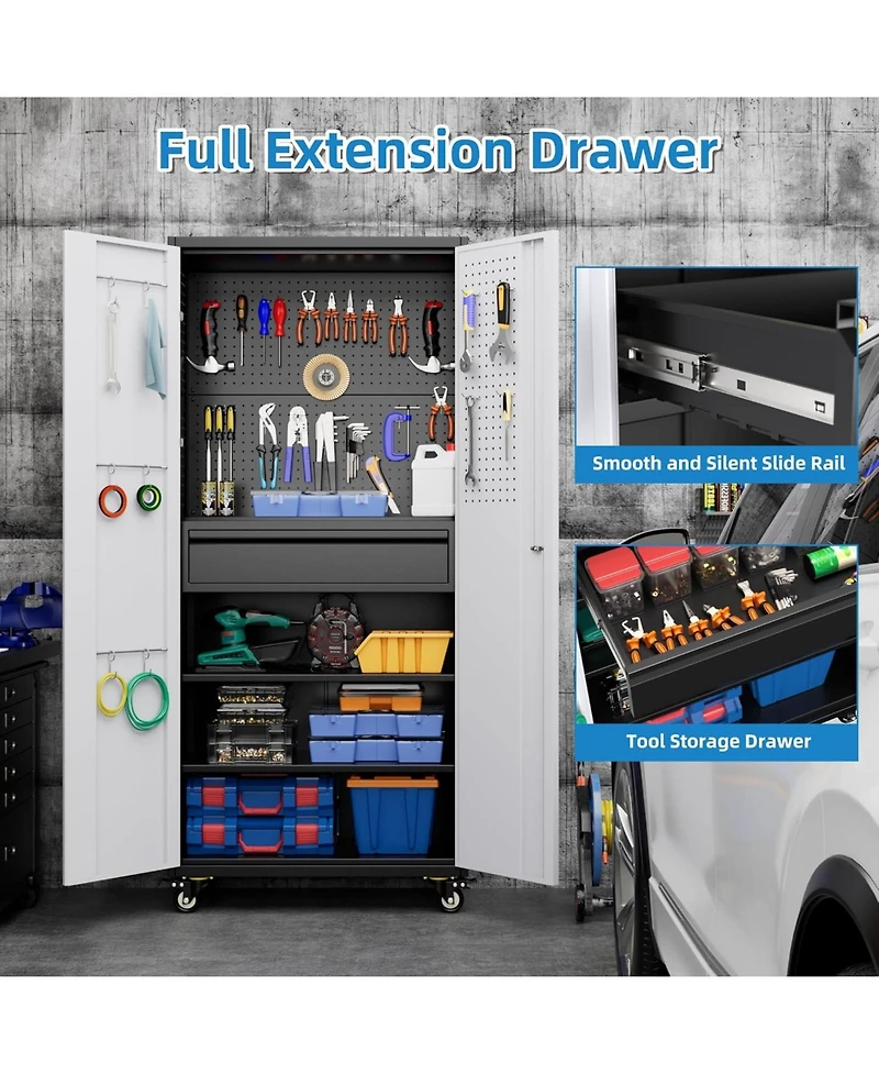 Boyel Living 71" Rolling Metal Tool Storage Cabinet, Lockable Utility Organizer with Pegboard and Drawer for Garage