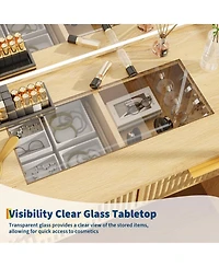 homfan 48"Fluted Vanity Desk with Lights, Glass Top Dressing Table with 5 Drawers and Charging Station, 36" Mirror, Wood, Oak Finish Bedroom Furniture