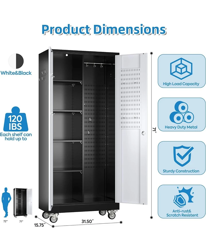 Boyel Living 71" Broom Closet Storage Cabinet with Wheels, Lockable Metal Organizer with Pegboard and Hooks for Garage