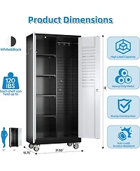 Boyel Living 71" Broom Closet Storage Cabinet with Wheels, Lockable Metal Organizer with Pegboard and Hooks for Garage