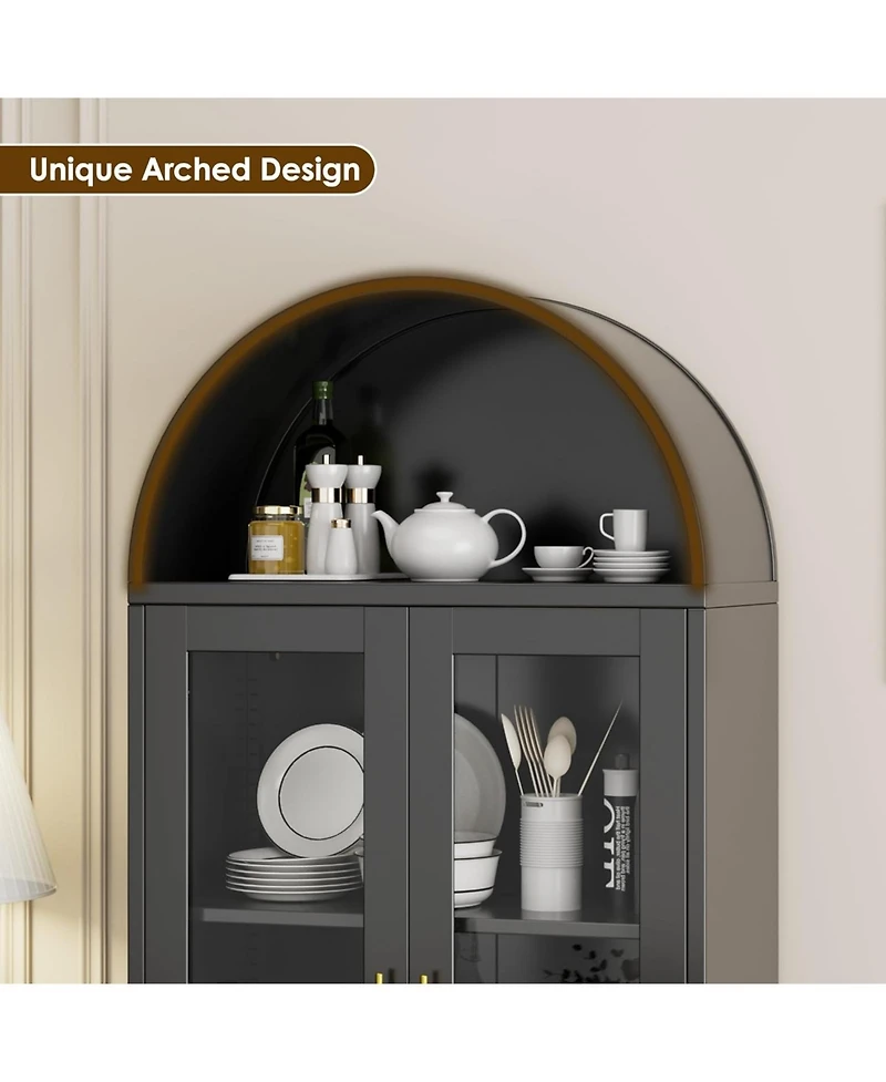 Boyel Living Metal Arched Display Cabinet with Lock, Glass Door Pantry Hutch and Bookshelf for Dining Room