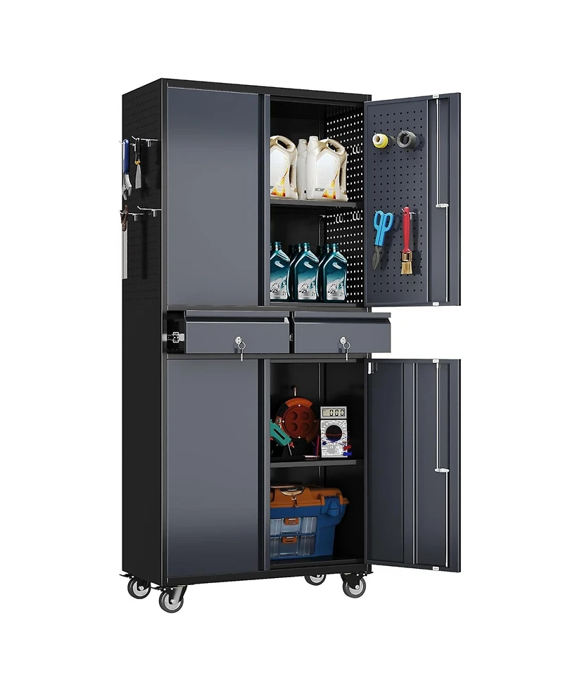 Boyel Living Metal Garage Storage Cabinet with Wheels and Lock, Rolling Tool Organizer with Drawers and Pegboard