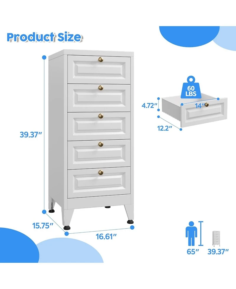 Boyel Living 39" Metal Bathroom Storage Cabinet with 5 Drawers, Freestanding Floor Organizer with Adjustable Feet