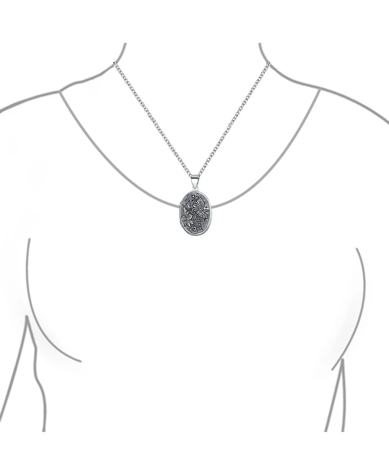 Bling Jewelry Oval Photo Keepsake Locket Necklace Floral Sunflower Embossed Design Oxidized .925 Sterling Silver