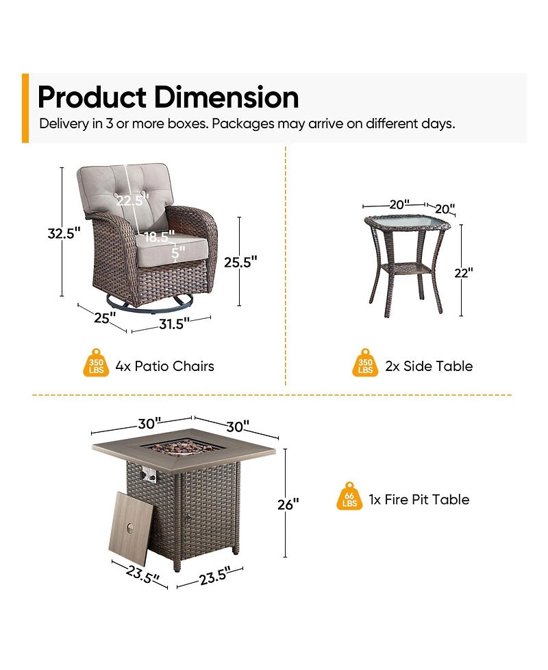 Pocassy 7Pcs Patio Rocking Swivel Chair with Square Fire Pit Table Outdoor Wicker Rattan Bistro Set Tempered Glass Side