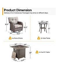 Pocassy 7Pcs Patio Rocking Swivel Chair with Square Fire Pit Table Outdoor Wicker Rattan Bistro Set Tempered Glass Side