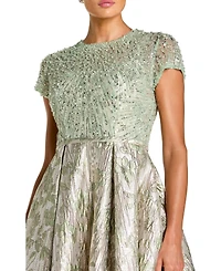 Mac Duggal Women's Beaded Cap Sleeve Ball Gown with Metallic Brocade Skirt