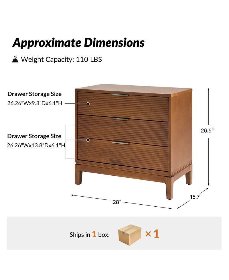Hulala Home William Mid-Century Modern 28"W 3-Drawer Fluted End Table with Charging Station