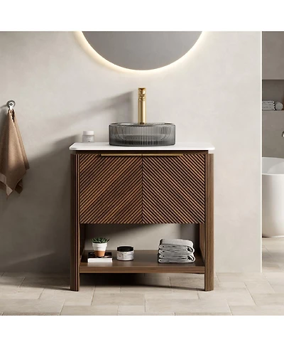 Sillysis Modern Bathroom Vanity with Vessel Sink, Sintered Stone Countertop, Soft Close Solid Wood 3D Doors