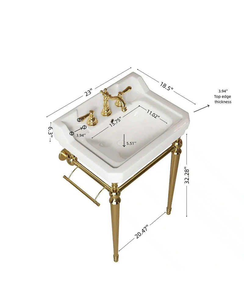 Sillysis Bathroom Console Sink with White Ceramic Vanity, Wall Mounted Basin and Stainless Steel Legs, Towel Bar Included
