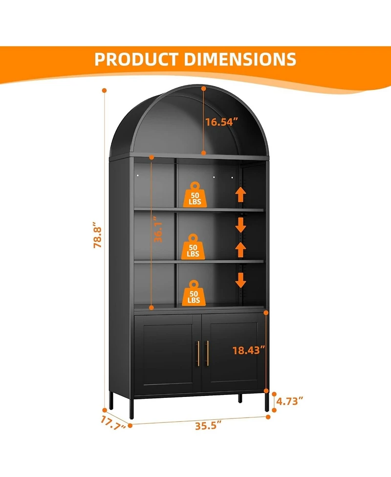 Boyel Living Metal Arched Bookcase Cabinet, Wide Tall Bookshelf with Glass Doors and Adjustable Shelves