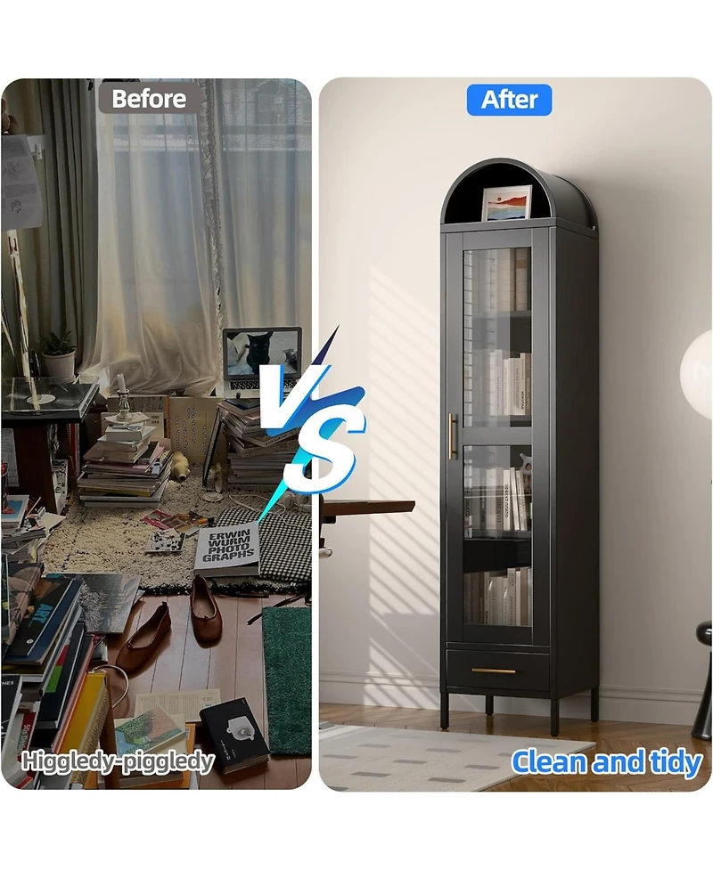 Boyel Living 73'' Metal Arched Bookcase Cabinet, Glass Door Display Shelf with Drawer for Living Room Office