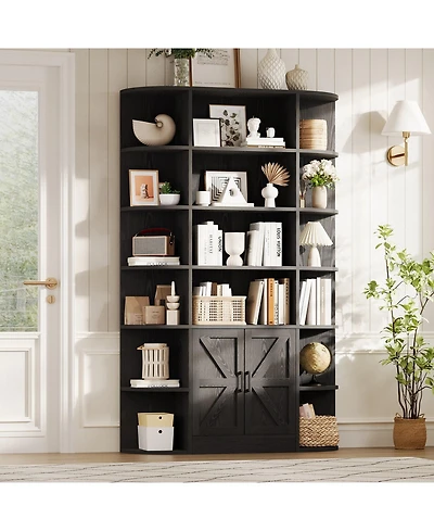 homfan Furniture 6-Tier Wooden Storage Bookcase with Cabinet and Doors, Modern 75 Inch Tall Display Organizer for Activity Room, Living Room Home
