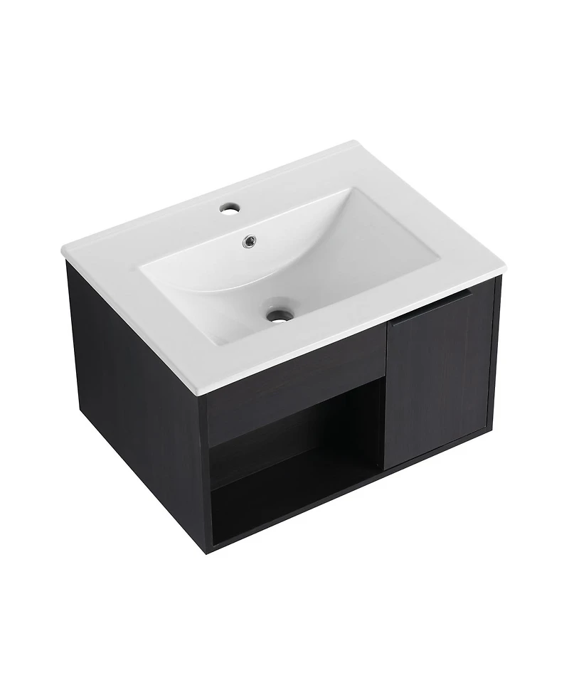 Sillysis Wall Mounted Bathroom Vanity with Ceramic Sink, Soft Close Door, Open Shelf Storage