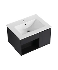 Sillysis Wall Mounted Bathroom Vanity with Ceramic Sink, Soft Close Door, Open Shelf Storage