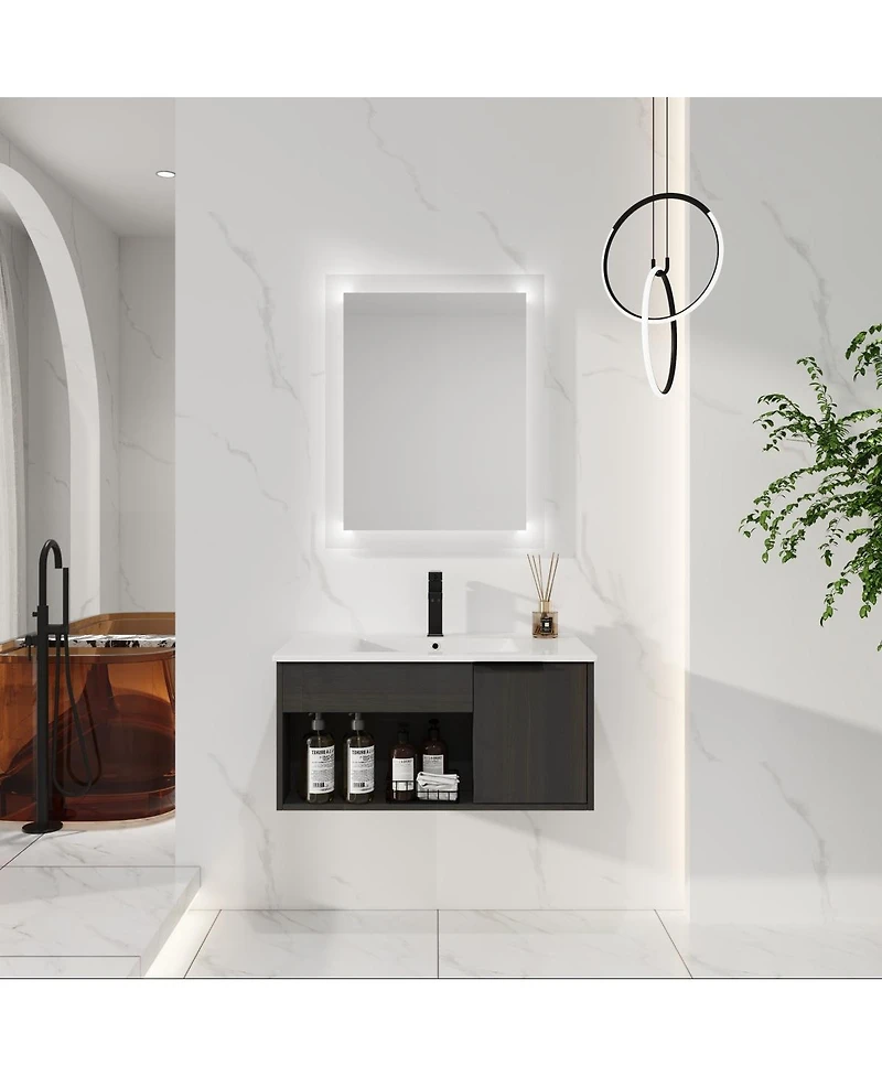 Sillysis Wall Mounted Bathroom Vanity with Ceramic Sink, Soft Close Door, Open Shelf Storage