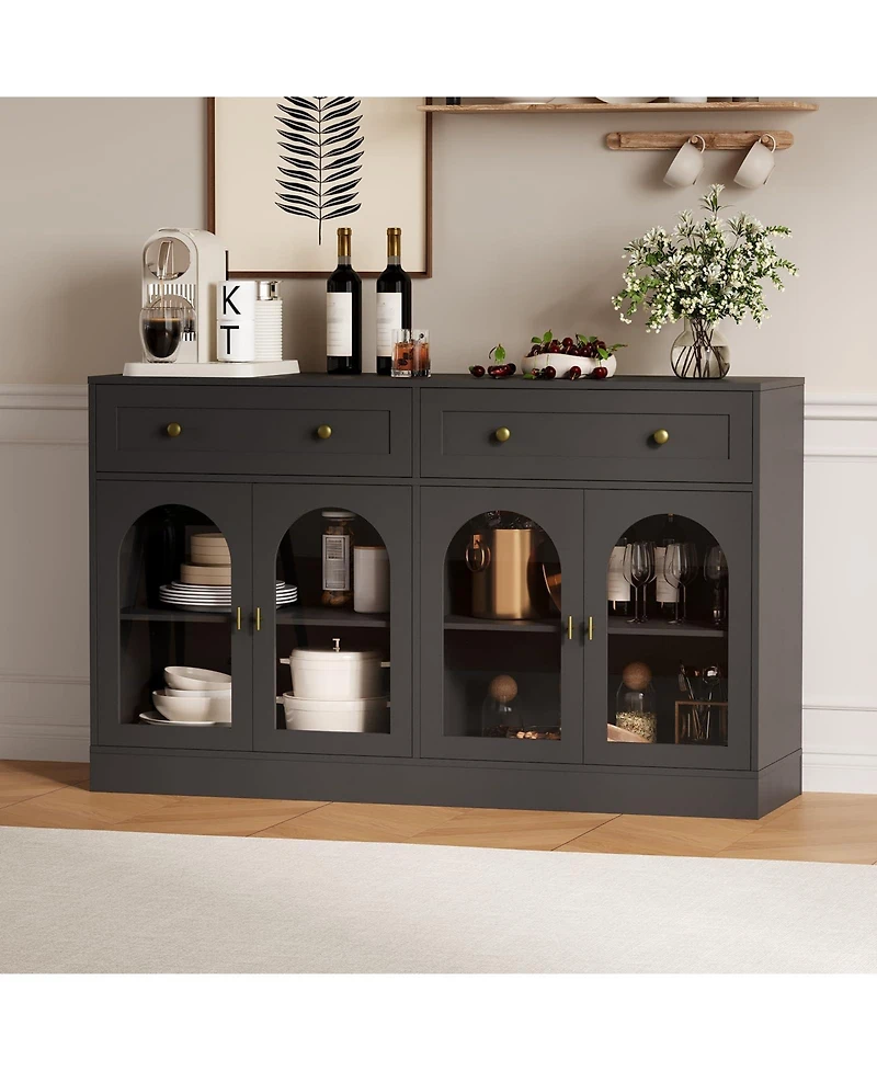 homfan 55 Inch Farmhouse Wooden Sideboard Buffet, Storage Console Table with 4 Acrylic Doors and 2 Drawers for Kitchen, Living Room Entryway
