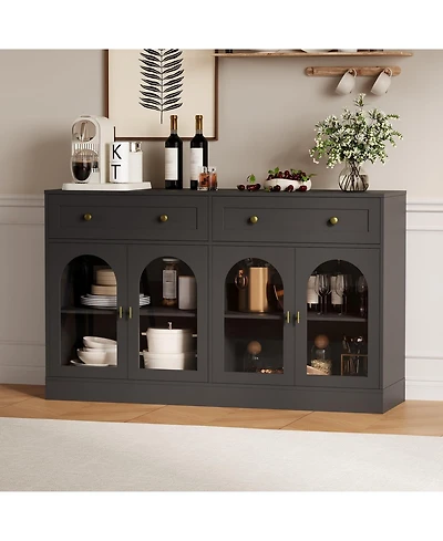 homfan 55 Inch Farmhouse Wooden Sideboard Buffet, Storage Console Table with 4 Acrylic Doors and 2 Drawers for Kitchen, Living Room Entryway