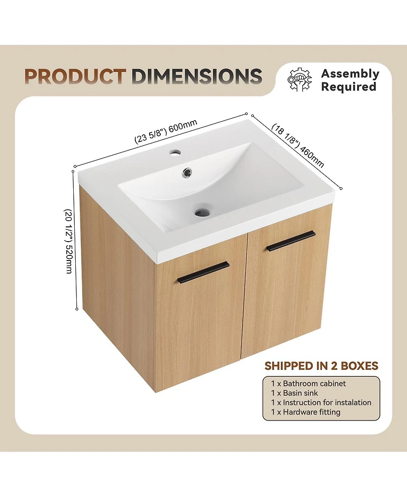 Sillysis 24 Inch Wall Mounted Bathroom Vanity Cabinet with Resin Sink Top, Soft Close Doors, Space Saving Design for Small Bathrooms