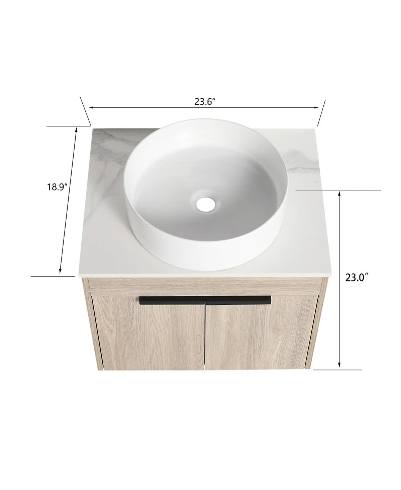 Sillysis 24" Wall Mounted Bathroom Vanity with Ceramic Vessel Sink, White Stone Top, Soft Close Doors