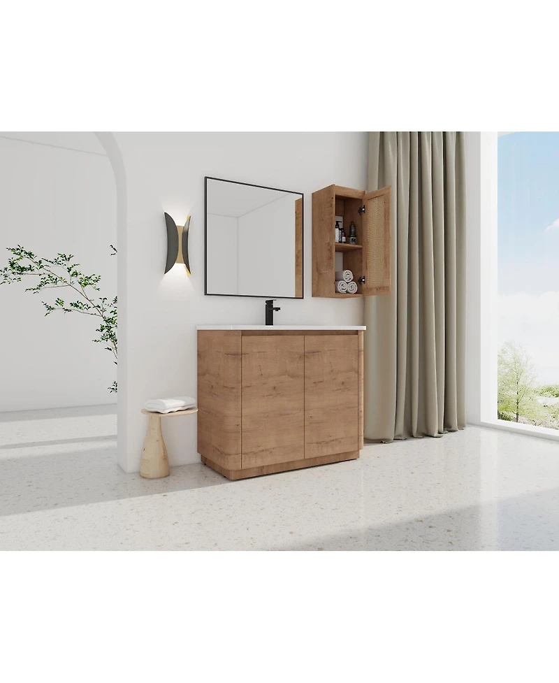 Sillysis Bathroom Vanity Set with Side Cabinet, Freestanding Modern Plywood Storage, Ceramic Sink and Soft Close Doors