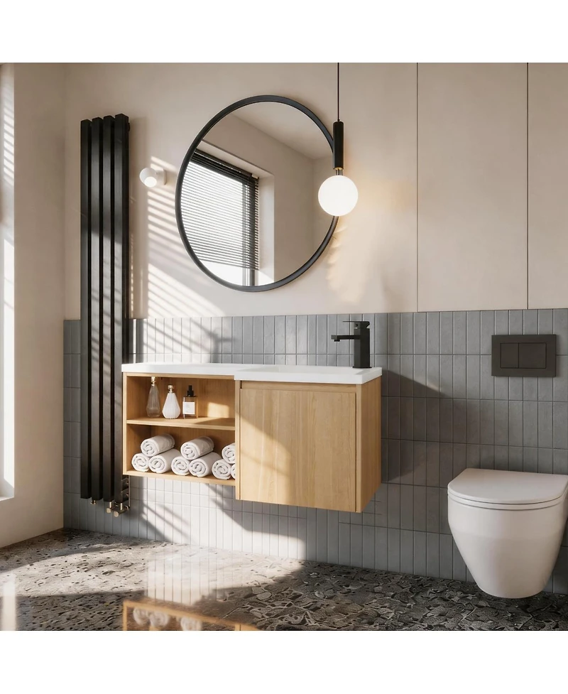 Sillysis 35.5 Inch Corner Floating Bathroom Vanity with Integrated Resin Sink, Plywood Cabinet, Open Storage for Small Bathrooms